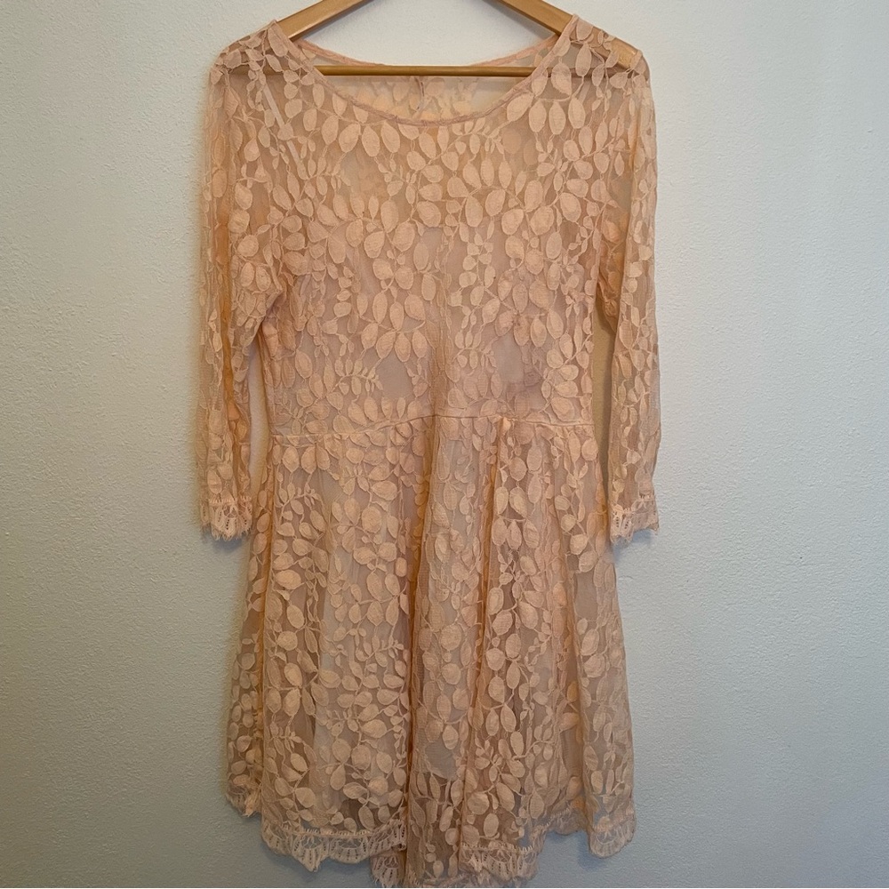 Free People Floral Lace Dress Lined Pink/Peach Boho‎  Size 12 See Description